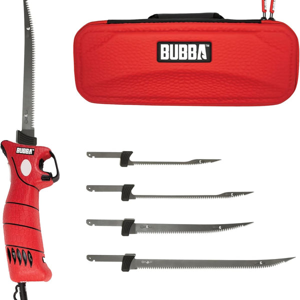 BUBBA 110V Electric Fillet Knife with Non-Slip Grip Handle, 4 Ti-Nitride S.S. Coated Non-Stick Reciprocating Blades, 8' Cord and Storage Case for Fishing