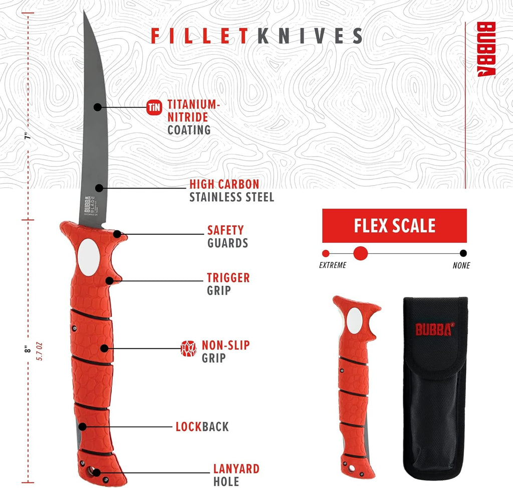 BUBBA 7" Tapered Flex Folding Knife with Non-Slip Grip Handle, Offset Full Tang Stainless Steel Blade, Lanyard Hole and Synthetic Sheath for Fishing