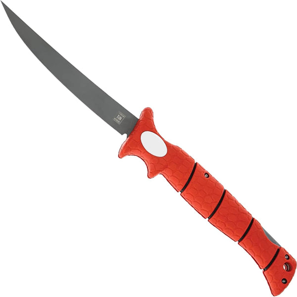 BUBBA 7" Tapered Flex Folding Knife with Non-Slip Grip Handle, Offset Full Tang Stainless Steel Blade, Lanyard Hole and Synthetic Sheath for Fishing