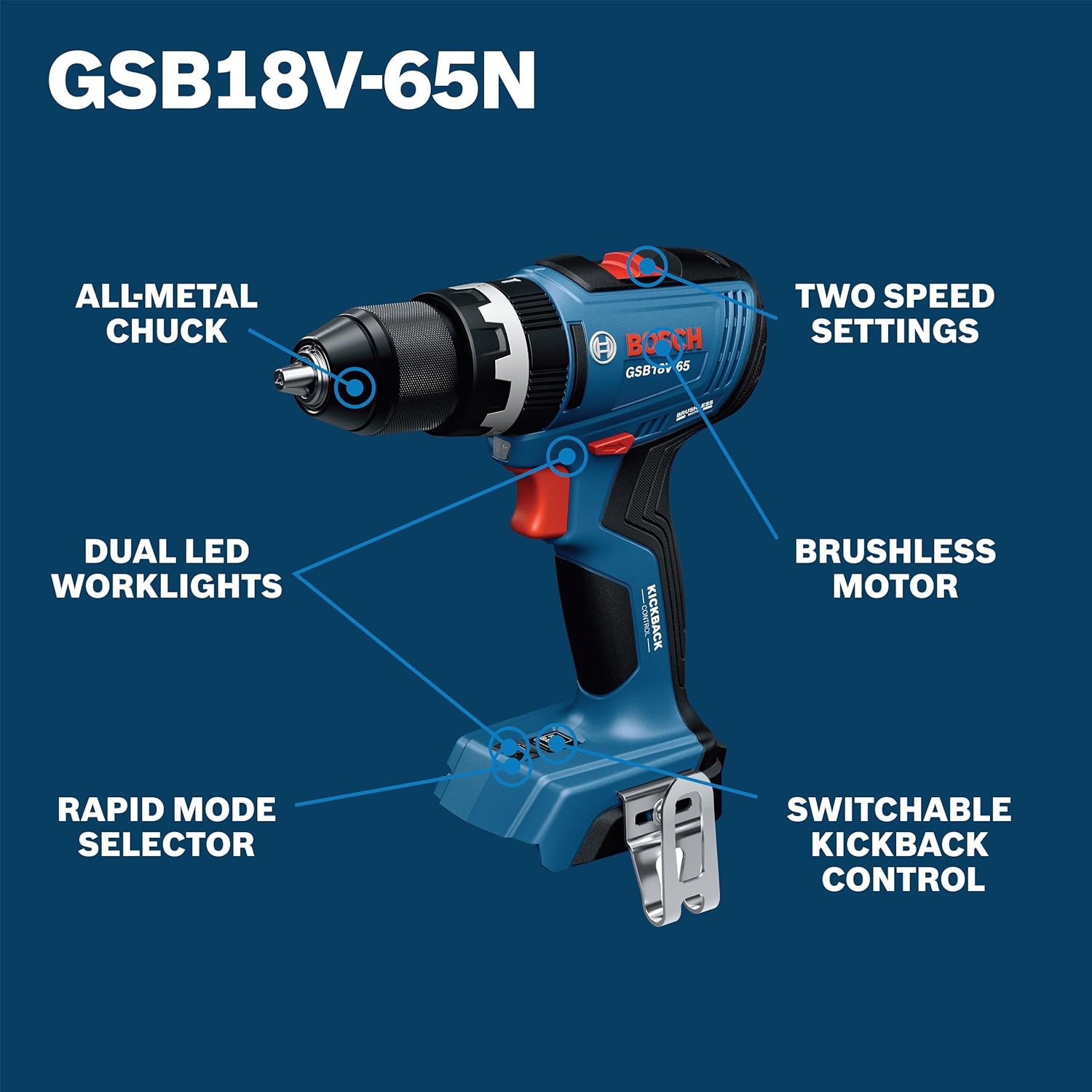 BOSCH GSB18V-65N 1/2 In. Brushless Hammer Drill/Driver - 575 In.-Lbs. Max Torque, Switchable KickBack Control, Rapid Mode Selector, Dual LED Worklights, All-Metal Chuck (Bare Tool)