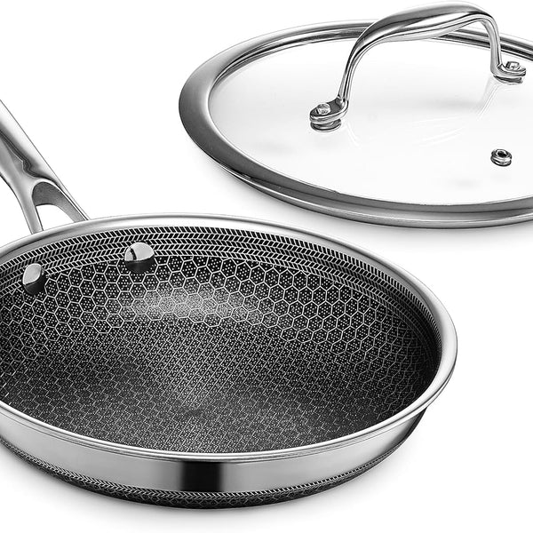 HexClad Hybrid Nonstick 8-Inch Frying Pan with Tempered Glass Lid, Stay-Cool Handle, Dishwasher-Friendly, Oven-Safe Up to 900°F, Induction Ready, Compatible with All Cooktops