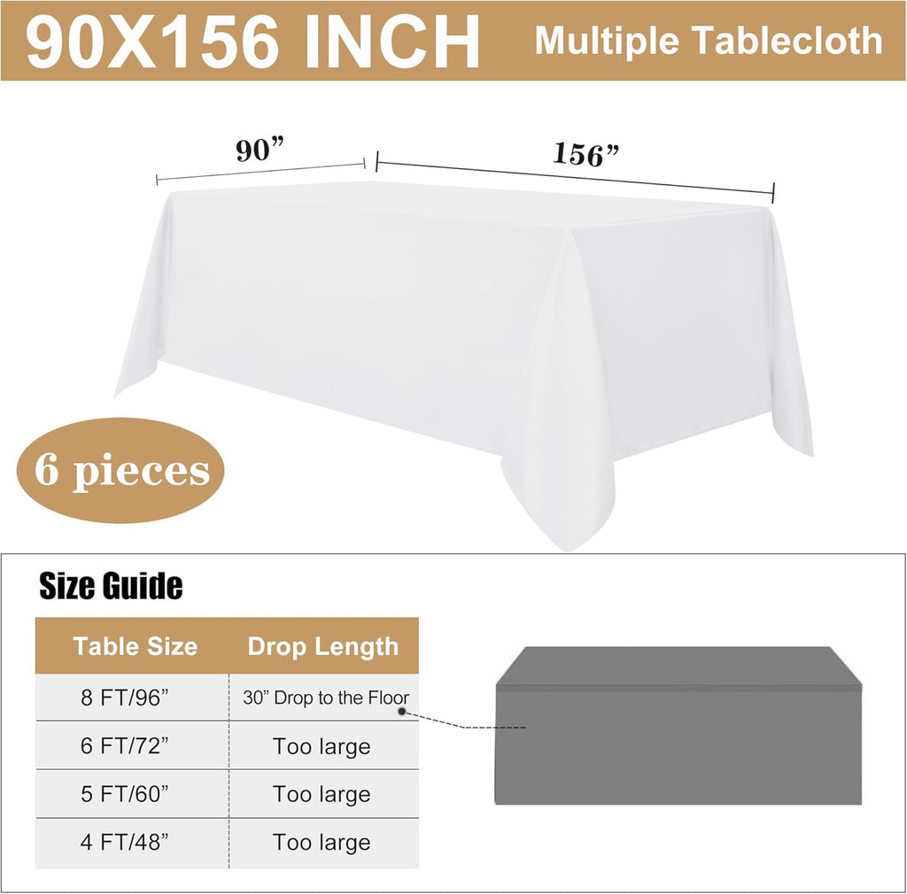 sancua 6 Pack White Tablecloth 90 x 156 Inch - Rectangle Table Cloth for 8 Feet Tables Stain and Wrinkle Resistant Washable Polyester Table Cover for Dining Wedding Banquet Party Buffet Restaurant