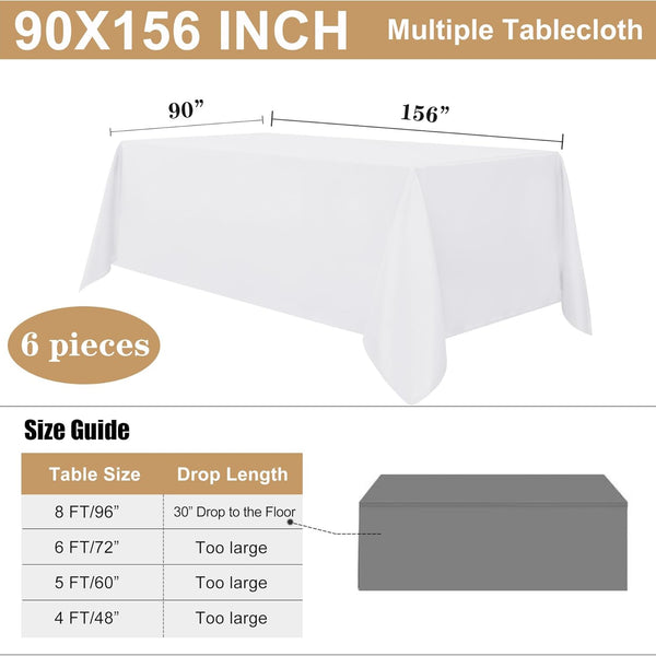 sancua 6 Pack White Tablecloth 90 x 156 Inch - Rectangle Table Cloth for 8 Feet Tables Stain and Wrinkle Resistant Washable Polyester Table Cover for Dining Wedding Banquet Party Buffet Restaurant