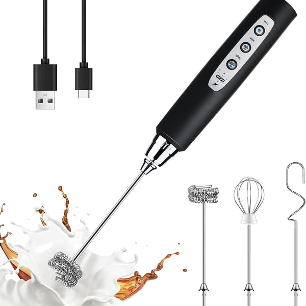 YUSWKO Black Handheld Milk Frother Wand for Coffee, Rechargeable Electric Whisk with 3 Heads 3 Speeds Drink Mixer Coffee Frother For Latte, Cappuccino, Hot Chocolate, Egg
